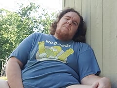 Chubby guy's first time jerking off outside with a dildo in my ass!  MASSIVE CUM