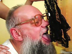 Disgusting bearded old gaffer eats fresh wet pussy of charming brunette