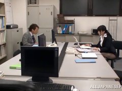 Asian babe in pantyhose yelling while riding big dick hardcore in the office