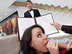 Classy beauty throats dick in a restaurant and then fucks