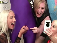 CFNM femdom babes wank cock of spandex dude in group