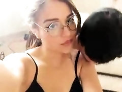 Nerdy teen with lovely boobs gives a hot blowjob on webcam
